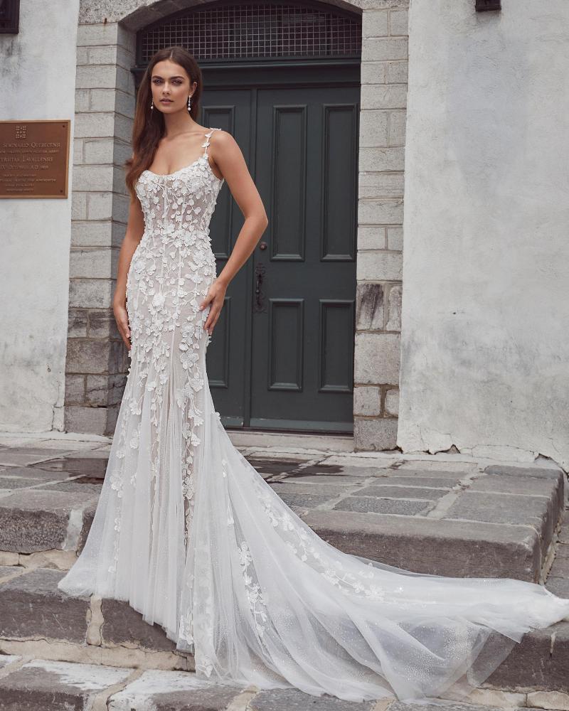 124102 lace mermaid wedding dress with long train and spaghetti straps3